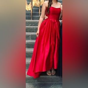 Betsy & Adam High/Low Red Silky Ballgown